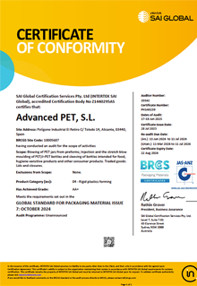 BRC Certificate<br>Advanced PET